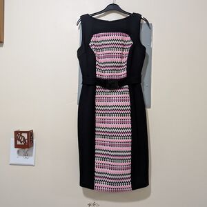 Milly Black and Pink Zigzag Midi Dress